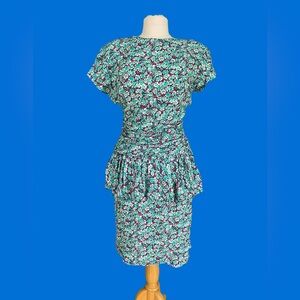 Vintage 80s Karin Stevens green purple Floral mini dress